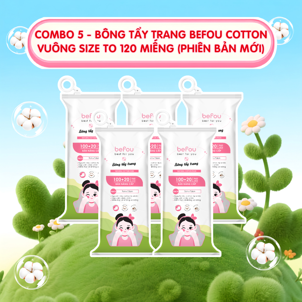 COMBO 5 - Bông Tẩy Trang Befou Cotton Vuông Size To Befou 120 Miếng - Phiên Bản Mới