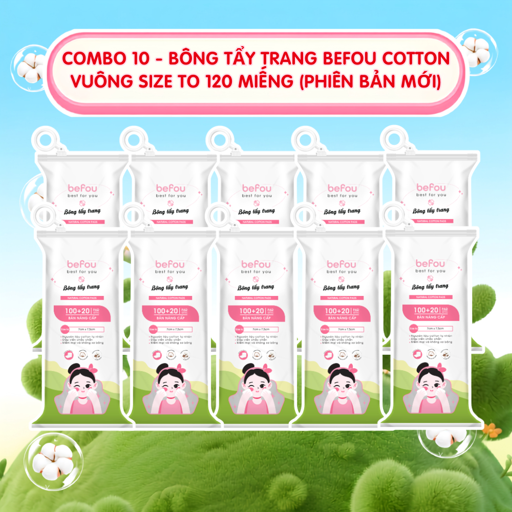 COMBO 10 - Bông Tẩy Trang Befou Cotton Vuông Size To Befou 120 Miếng - Phiên Bản Mới