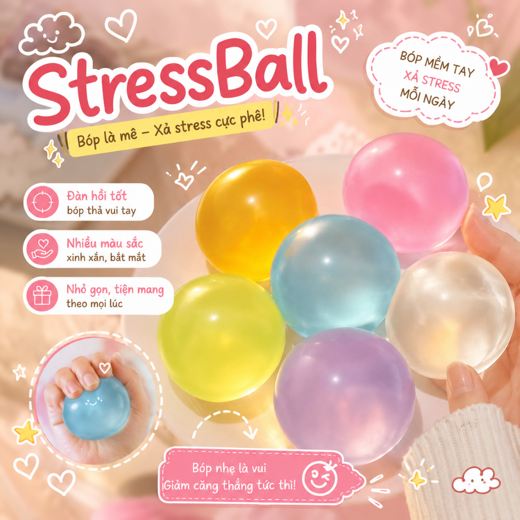 Hottrend)StressBall–Bóng Bóp Tay Giảm Stress Siêu Mềm Đàn Hồi Cao Đồ Chơi Xả Stress Cho Mọi Lứa Tuổi