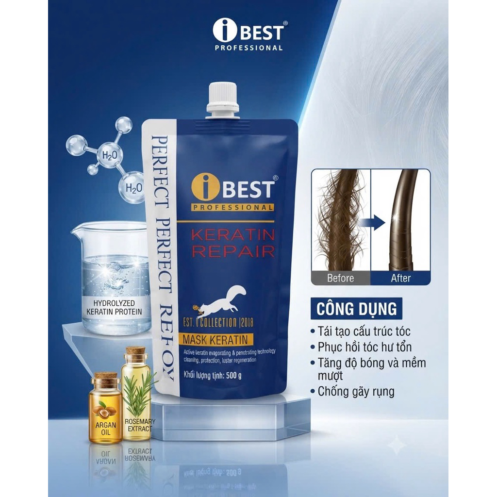 Hấp dầu keratin Ibest siêu mềm mượt dung tích túi 500ml
