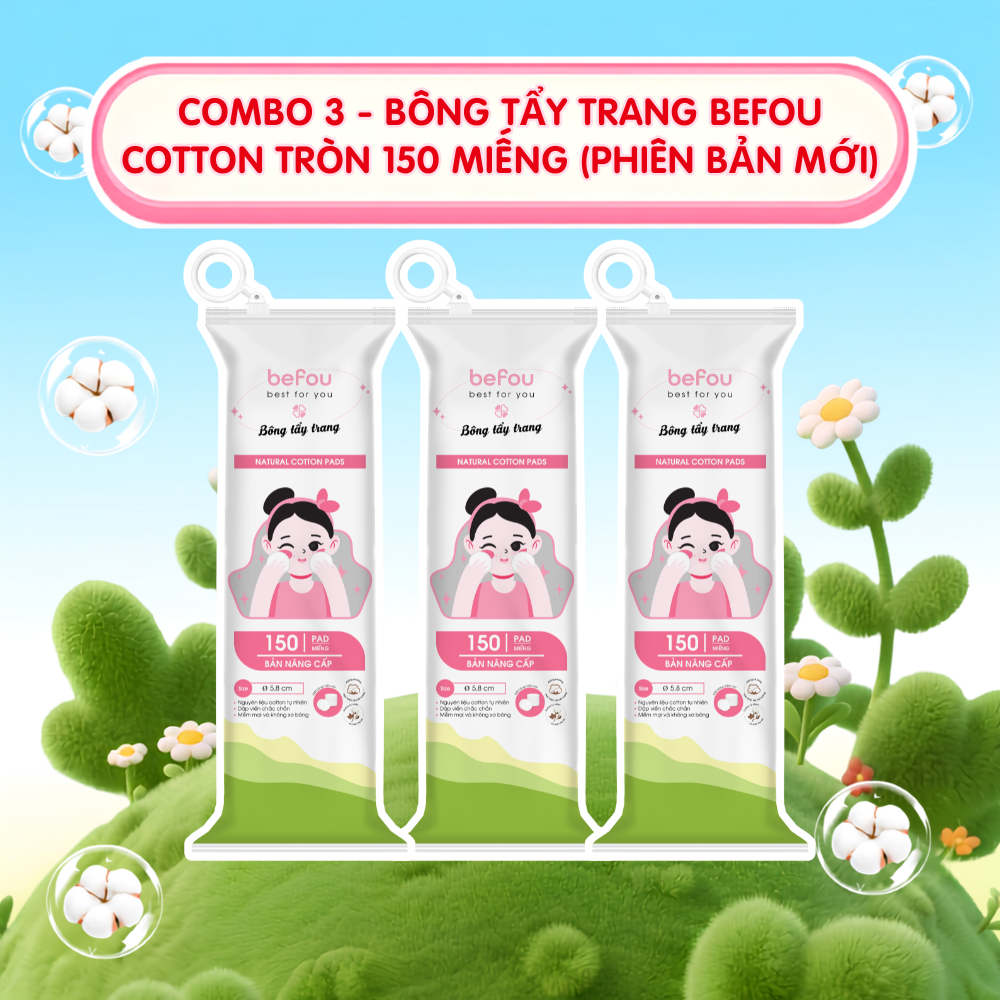COMBO 3 - Bông Tẩy Trang Befou Cotton Tròn 150 Miếng