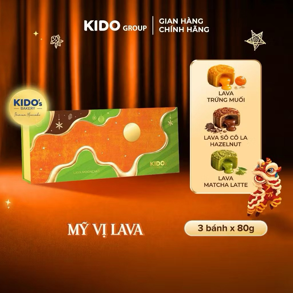KIDO Bakery Lava Mooncake Hộp Quà 3 Bánh 80g - Trứng Muối, Matcha Latte, Socola Hazelnut Chính Hãng