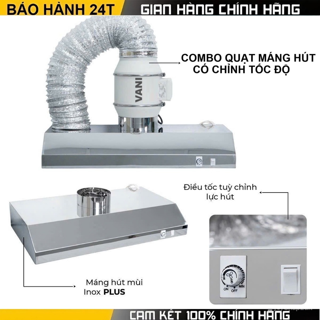 Combo Quạt Hút Mùi Máng Chụp Inox HF125-HF200 Plus (Có chiết áp)