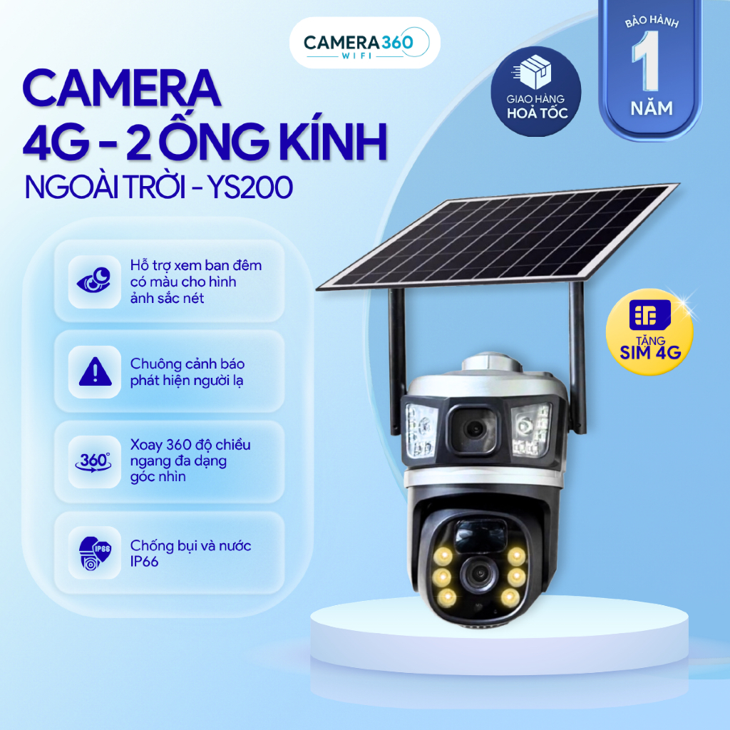 (TẶNG SIM 4G) - Camera YOOSEE Ngoài Trời YS200-4G, Năng Lượng Mặt Trời, KHÔNG CẦN WIFI + ĐIỆN, Chống