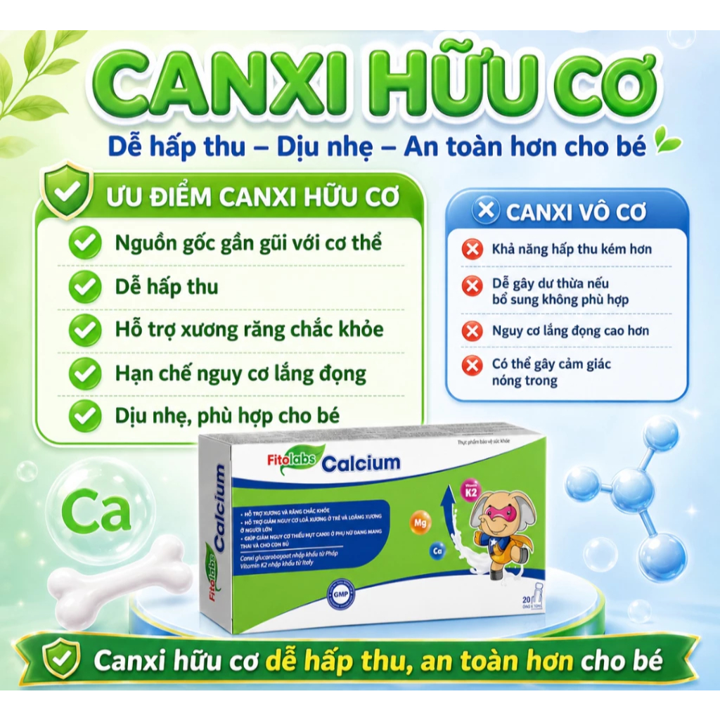 Canxi Calcium FITOLABS Cho Bé / Mẹ Bầu Dạng Ống -Bổ Sung Canxi Lysine Magie Kẽm/Hộp 20 Ống FTL