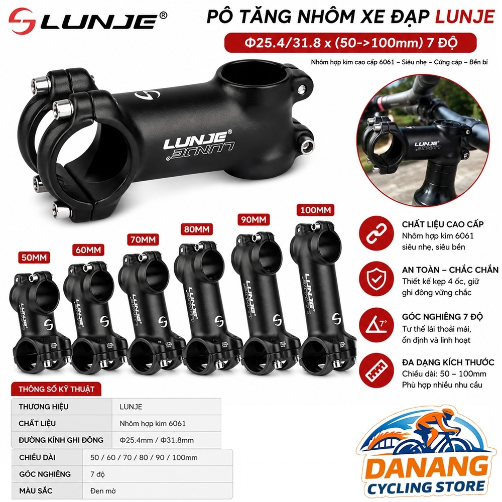 Pô Tăng Nhôm Siêu Nhẹ Xe Đạp LUNJE – 25.4x50-80mm / 31.8x60-100mm – Stem Hợp Kim Nhôm