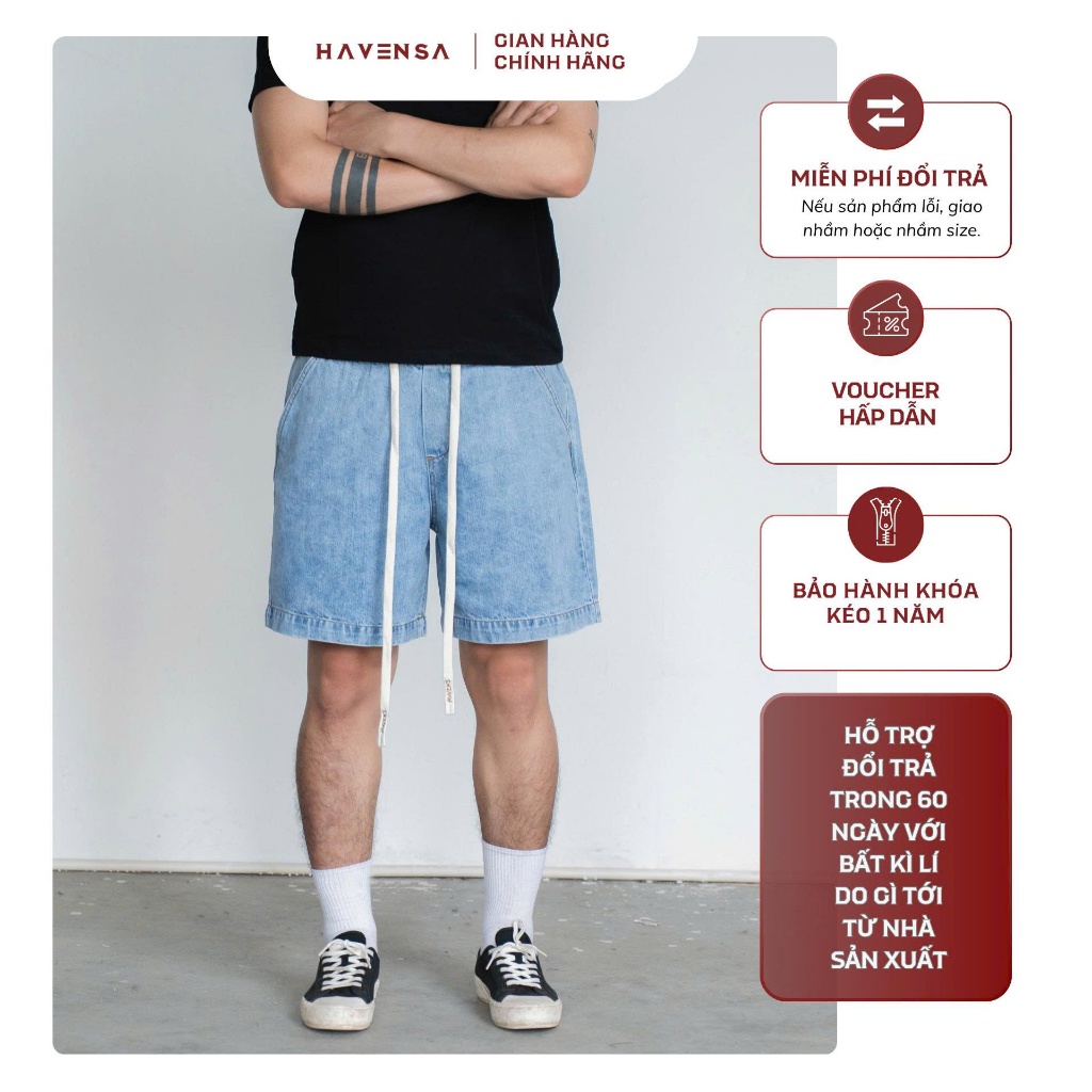 Quần short jeans unisex HAVEN'S cạp chun phối lót kaki nâu, quần đùi nam nữ form rộng co giãn, mặc m