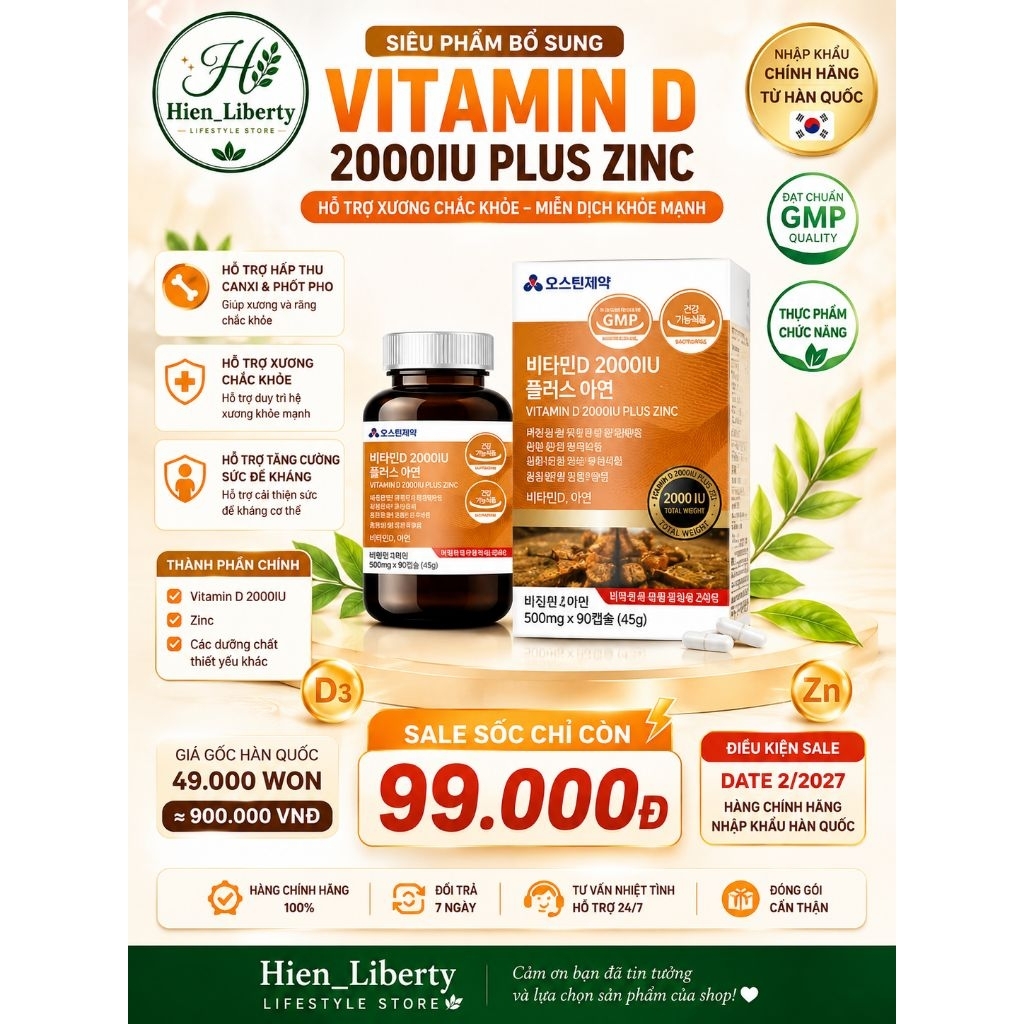 ⚡ Vitamin D3 2000IU + Zinc Hàn Quốc 90 Viên | Date 02/2027 | Sale Sốc 99K