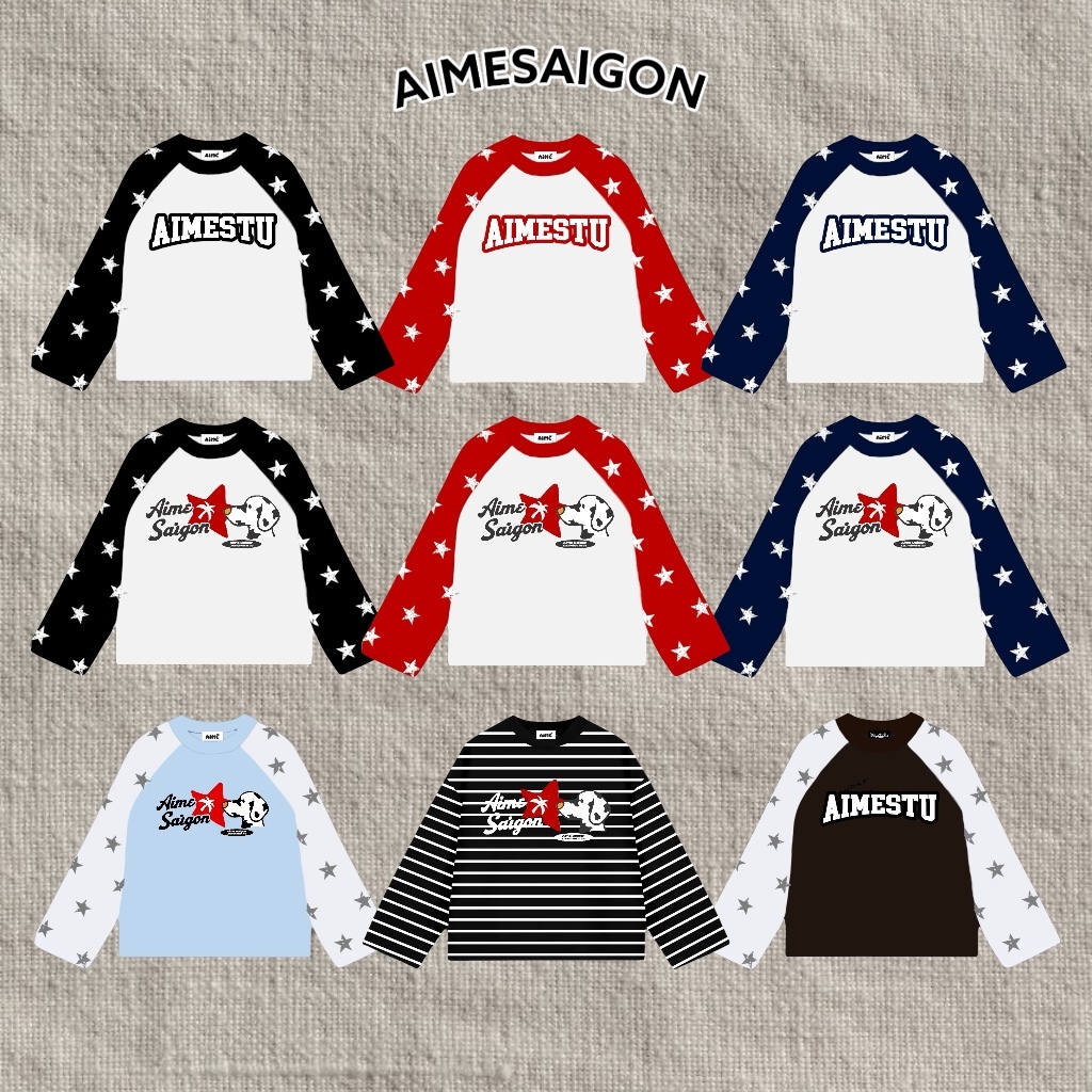 Aimesaigon Áo Thun TayDài Raglan Borip IN NGÔI SAOx Cotton Long Sleeve Boxy AIMÉ Form Rộng Cổ Tròn Unisex ATDRL04