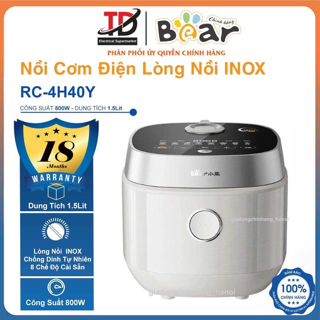 Nồi Cơm Điện Tử Bear RC-4H40Y, 1,5L - 800W - Ceramic Pro 9H - 8 chế độ nấu, Hàng Chính Hãng