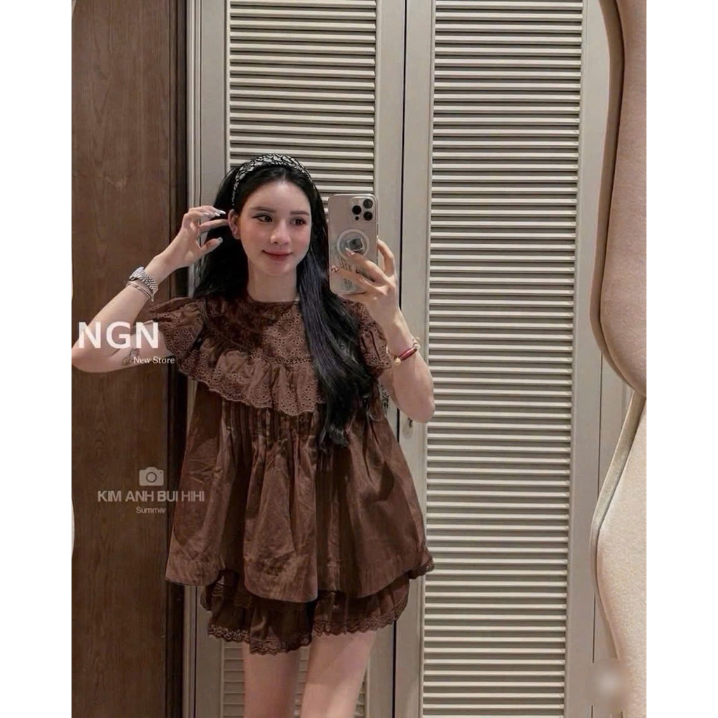 Set Áo BBD Thô Cổ Bèo Thêu Hoa Kèm Chân Váy HT • Melanie Boutique
