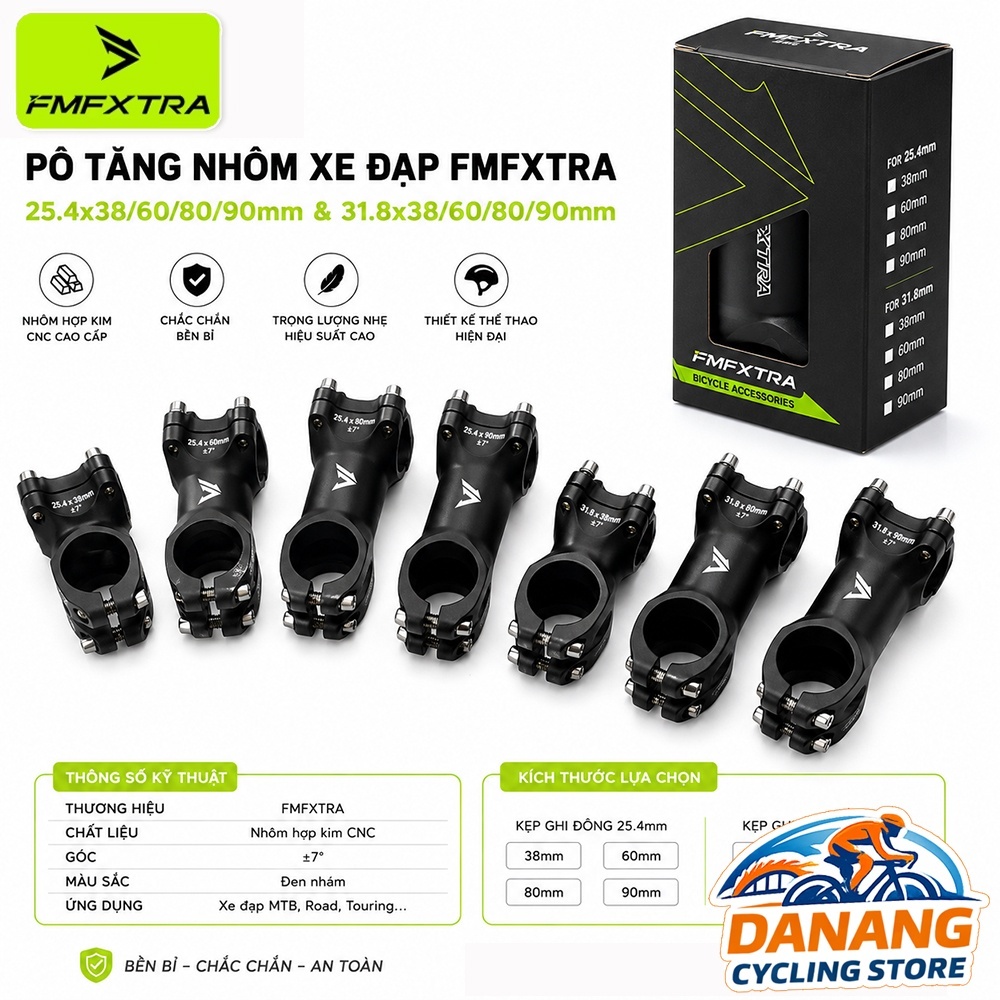 Pô Tăng Nhôm Xe Đạp FMFXTRA – 25.4x38/60/80/90mm & 31.8x38/60/80/90mm – Stem Hợp Kim Nhôm