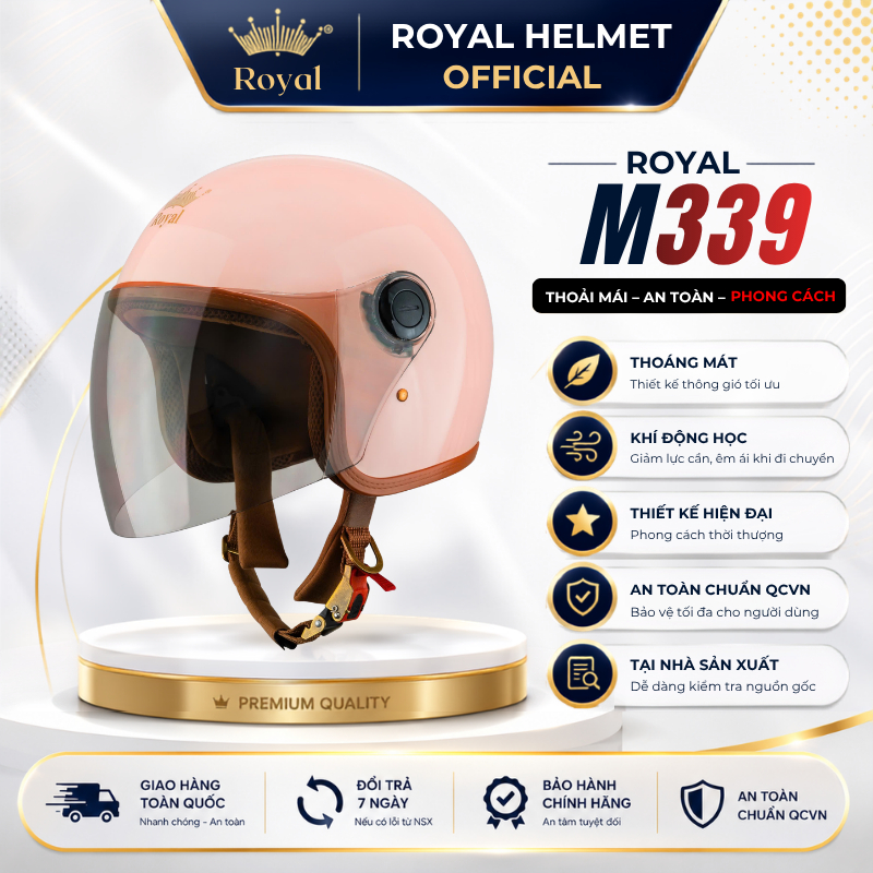 Mũ Bảo Hiểm Royal Chính Hãng M339 Có Kính Dài Chắn Gió Nam Nữ , Nón Bảo Hiểm 3/4 Royal Có Kính