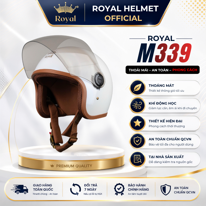 Mũ Bảo Hiểm 3/4 Royal M339 Có Kính Chắn Gió Full Mặt Nam Nữ, Nón Bảo Hiểm Royal Chính Hãng Cao Cấp