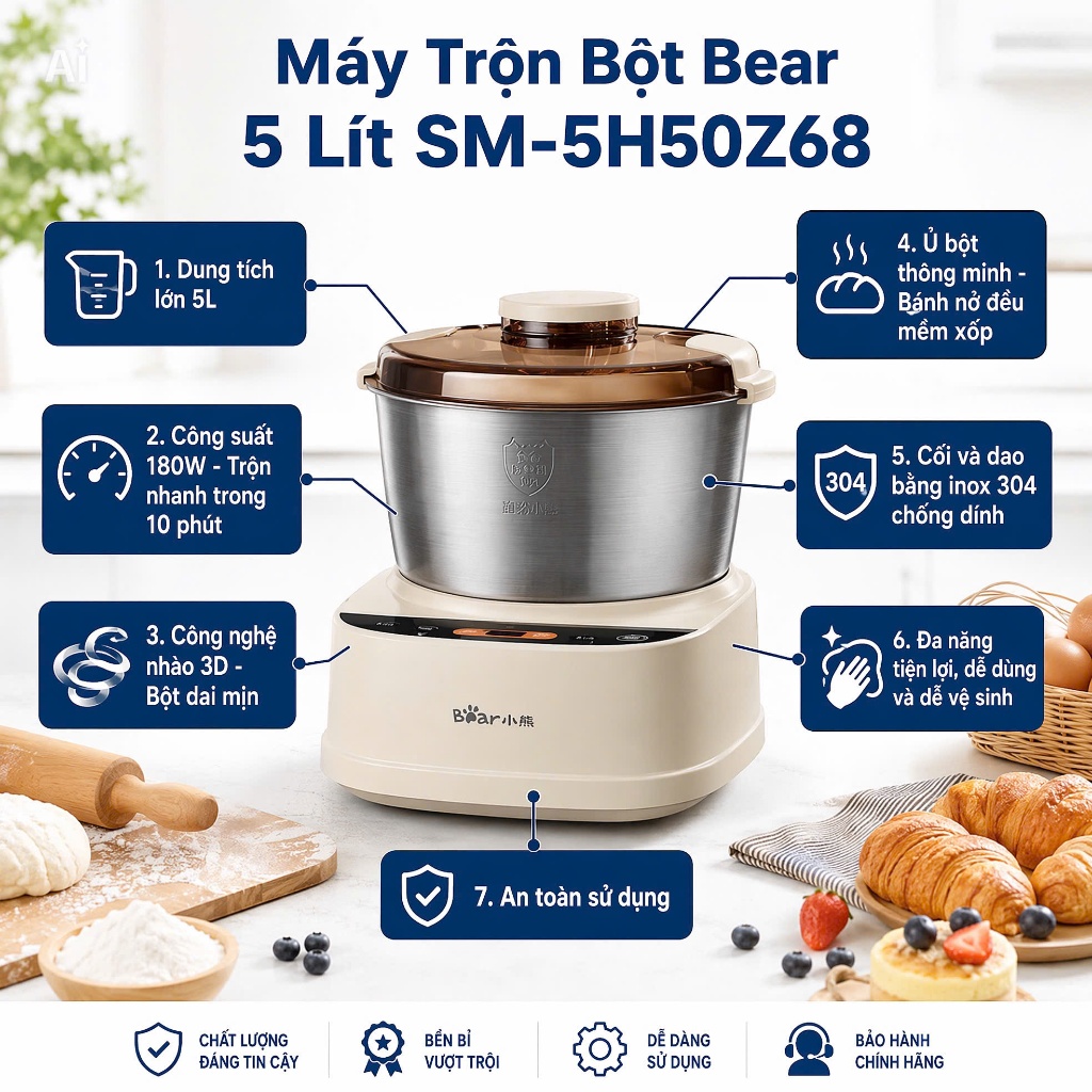 Máy Trộn Bột Bear 5 Lít SM-5H50Z68, Công Suất Lớn, Trộn Nhiều Bột Nhanh Chóng, Bột Dai Ngon, Cối Ino