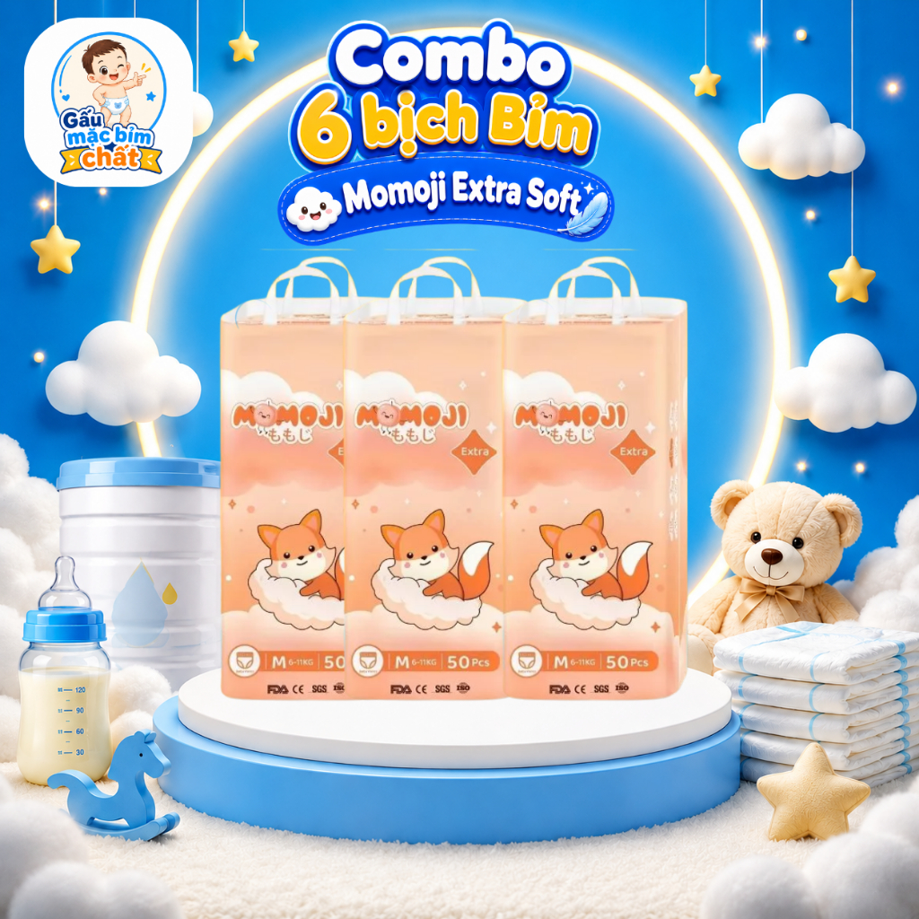 Combo mua 6 bịch Tã/bỉm Momoji chính hãng Siêu thấm hút thoải mái không hăm đủ size cho bé