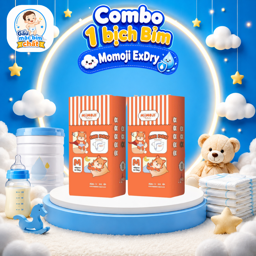 Combo 6 bịch Tã bỉm Momoji Air Dry chính hãng mỏng mềm mại, chống tràn, an toàn, siêu thấm