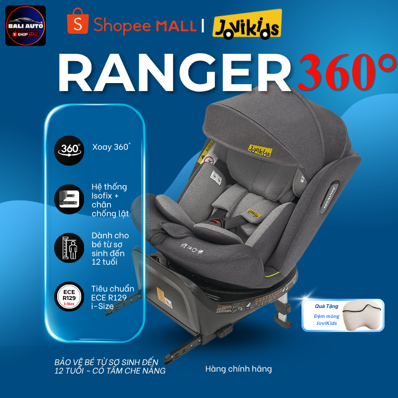Ghế ô tô an toàn cho trẻ Jovikids Ranger - Xoay 360° ISOFIX + Chân chống lật cho bé từ 0-12 tuổi