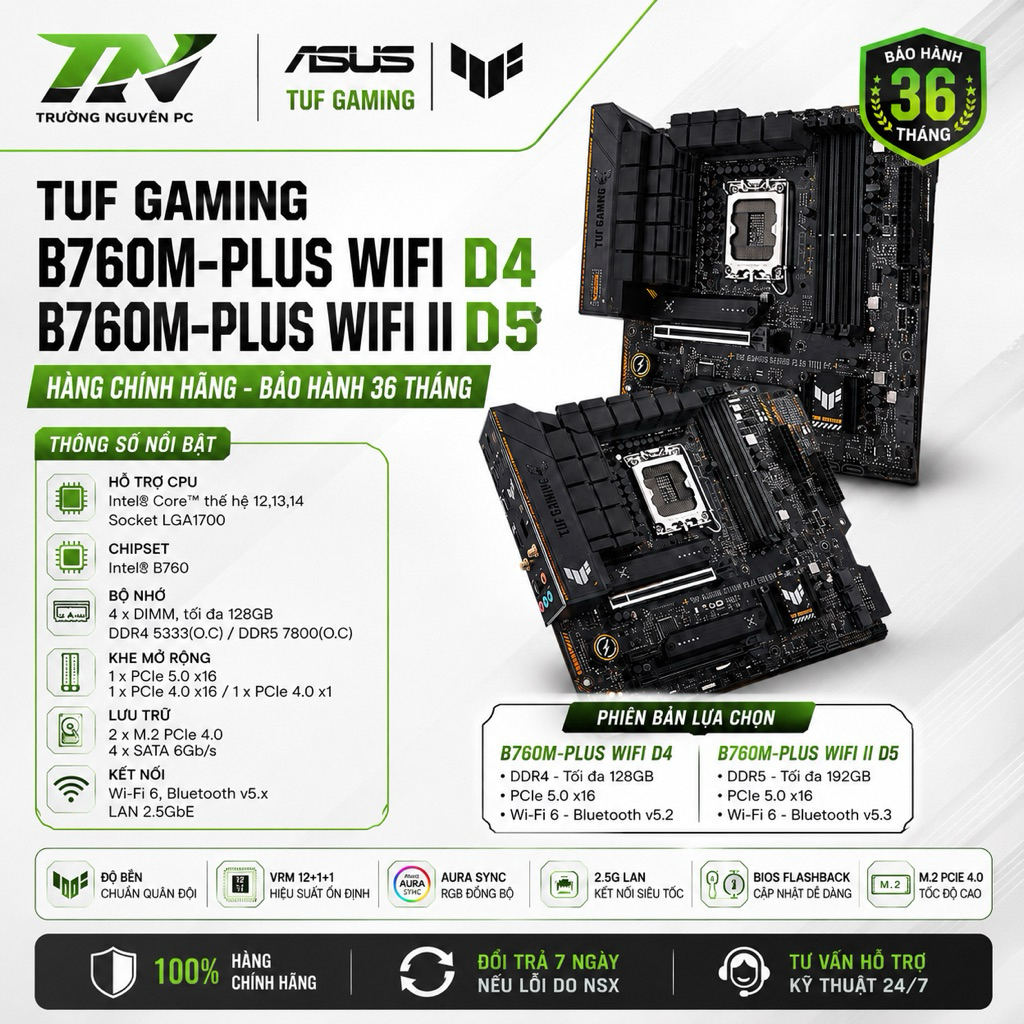 Mainboard Asus TUF Gaming B760M-Plus Wifi D4 | B760M-Plus Wifi II  - BH 36th hàng chính hãng