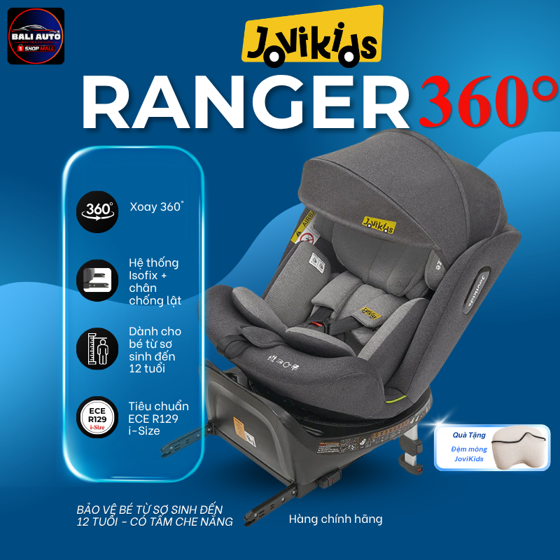 Ghế ngồi cho bé Jovikids Ranger chính hãng - Xoay 360° ISOFIX + Chân chống lật cho bé từ 0-12 tuổi