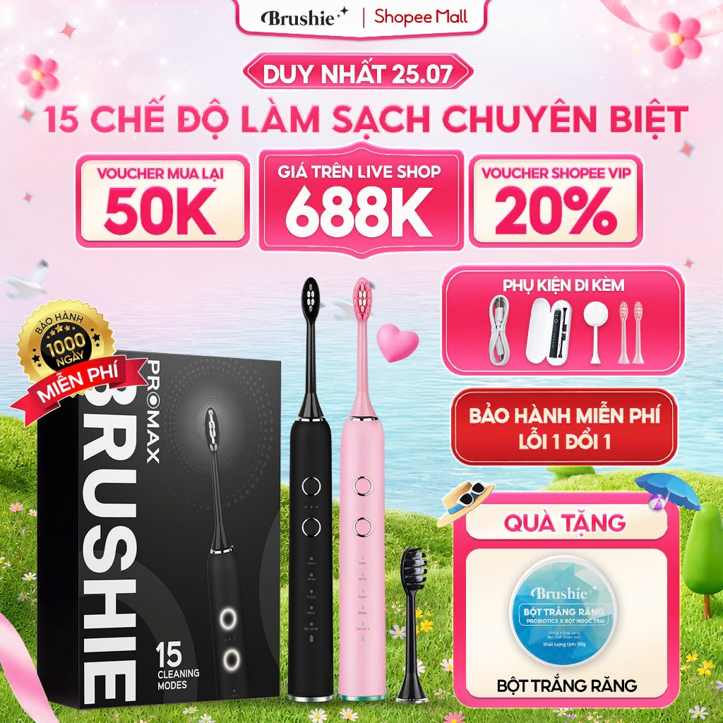 [GIÁ 688K LIVE ECOGO] Bàn Chải Điện Brushie Promax 15 Chế Độ Làm Sạch Chuyên Biệt,phù hợp mọi tình t