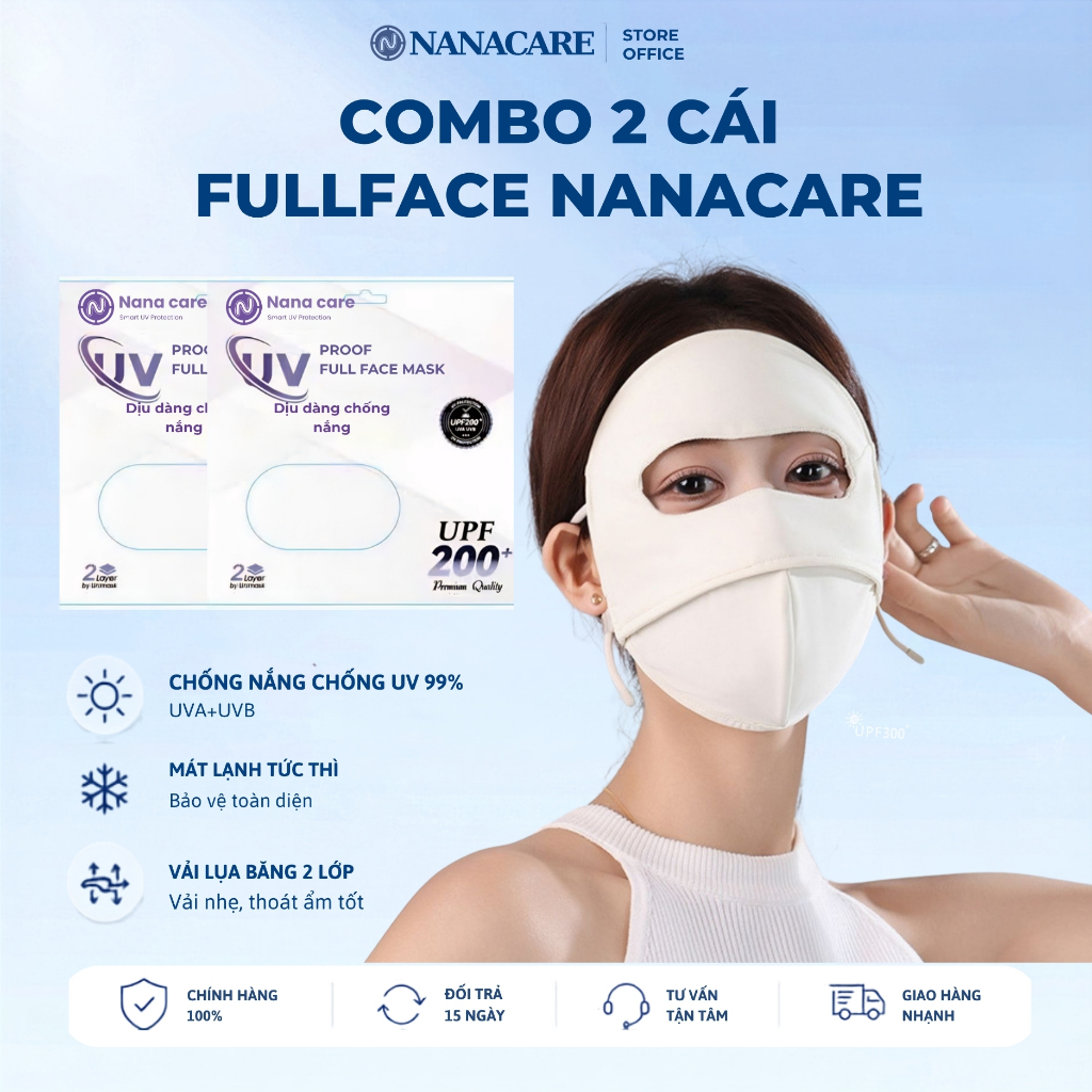 Combo 2 chiếc Khẩu Trang UV Full Face  Có Gọng > 99% UV  Nanacare, Chất liệu Vải lụa băng Thoáng Khí