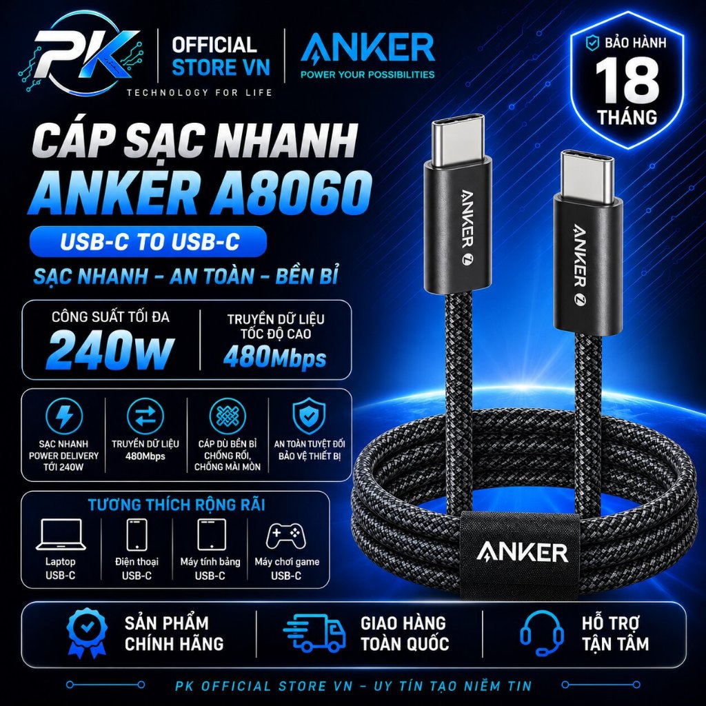 Cáp Sạc Anker Zolo Type-C to Type-C 240W Dây Bọc Dù A8060 - BH 18 Tháng