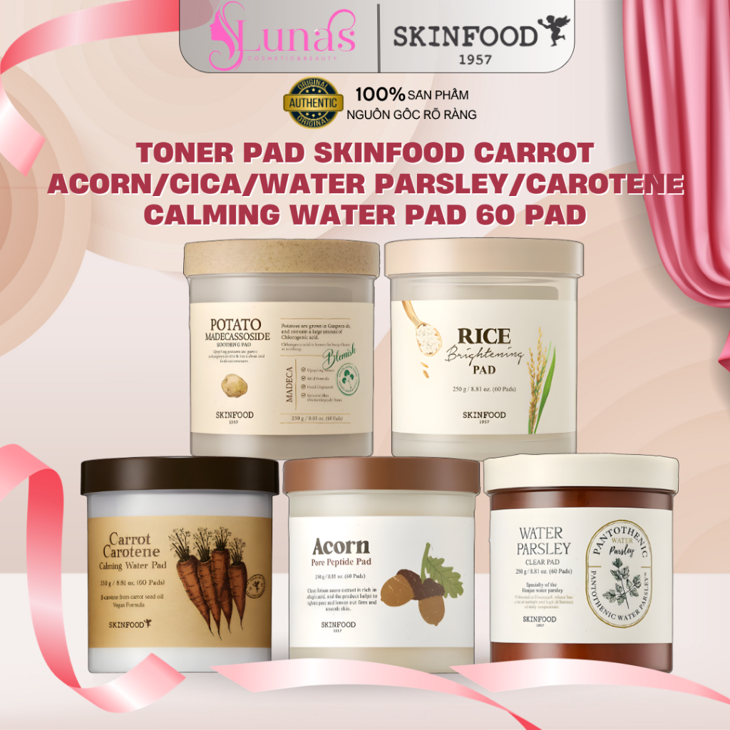 Toner Pad Skinfood Carrot Carotene Calming, Pantothenic Water Parsley Clear, Acorn Pore Peptide Pad 