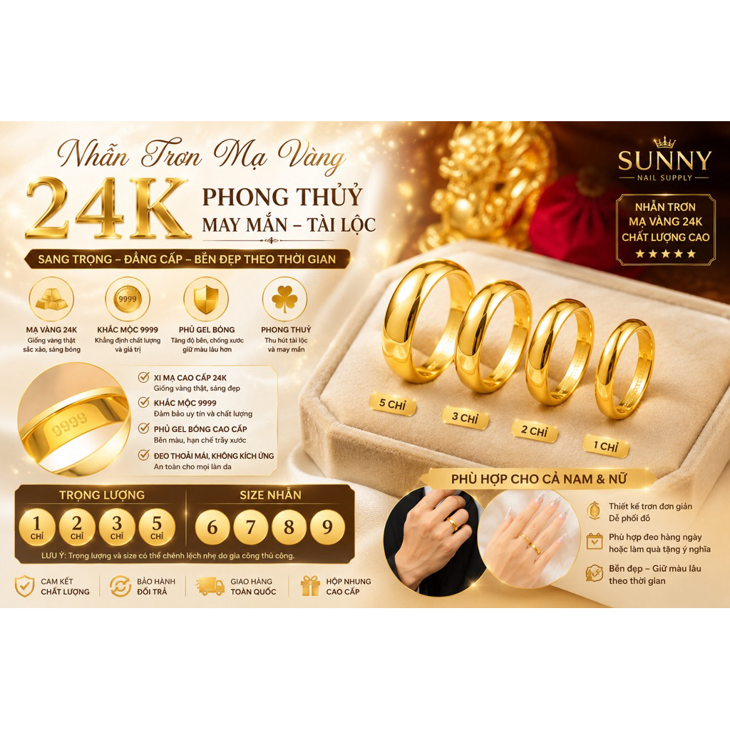 Nhẫn chỉ trơn mạ vàng 24K bền màu có đóng mộc 9999 ( nhẫn 1 chỉ , 2 chỉ , 3 chỉ , 5 chỉ )
