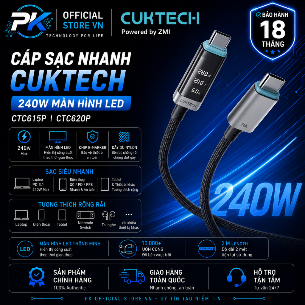 Cáp Sạc Cuktech 240W Màn Hình LED CTC615P CTC620P Sạc Nhanh - BH 18 Tháng