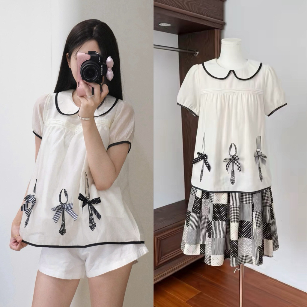 𝐁𝐋𝐀𝐍𝐂𝐄 𝐒𝐓𝐔𝐃𝐈𝐎 ♡ Áo babydoll đính nơ cổ viền