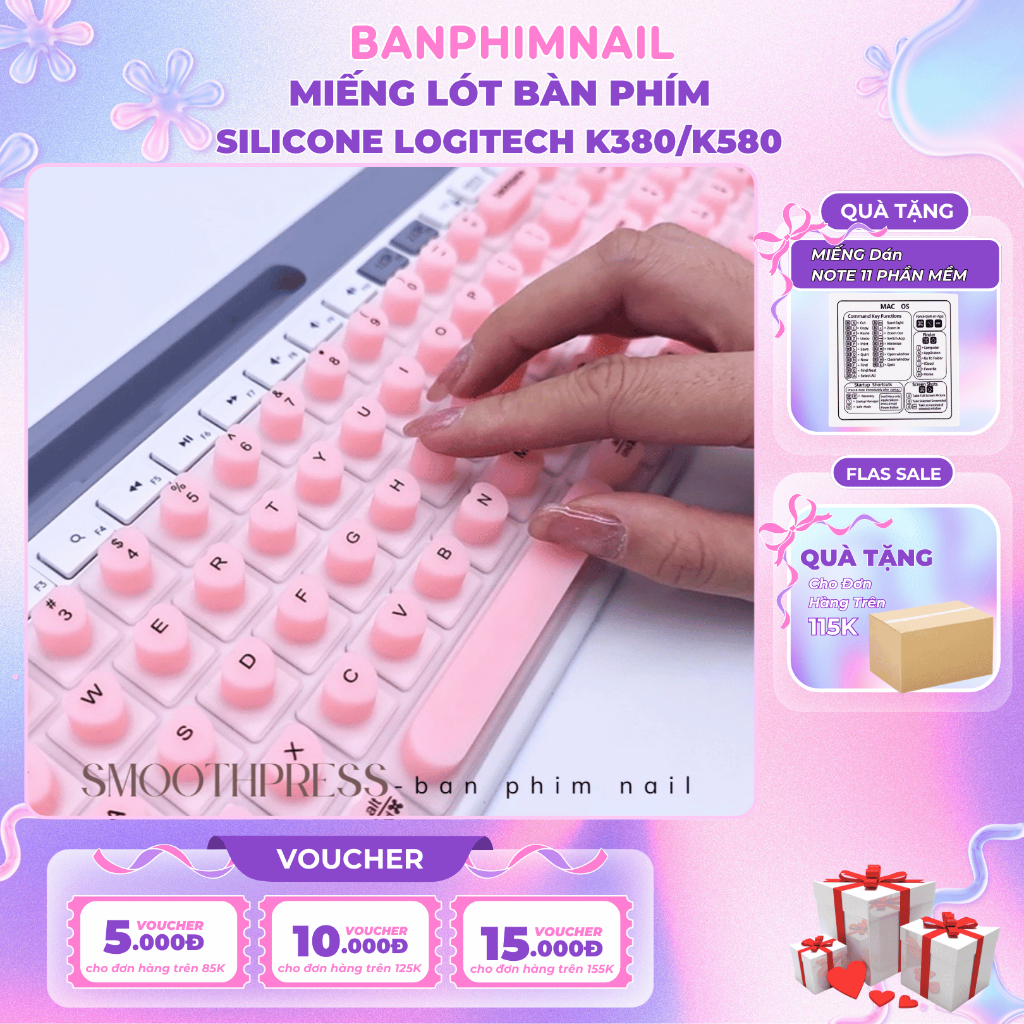 (Logitech) Miếng lót bàn phím silicone Logitech K380/K580 keyboard chống bụi nước cho nàng Nail dài