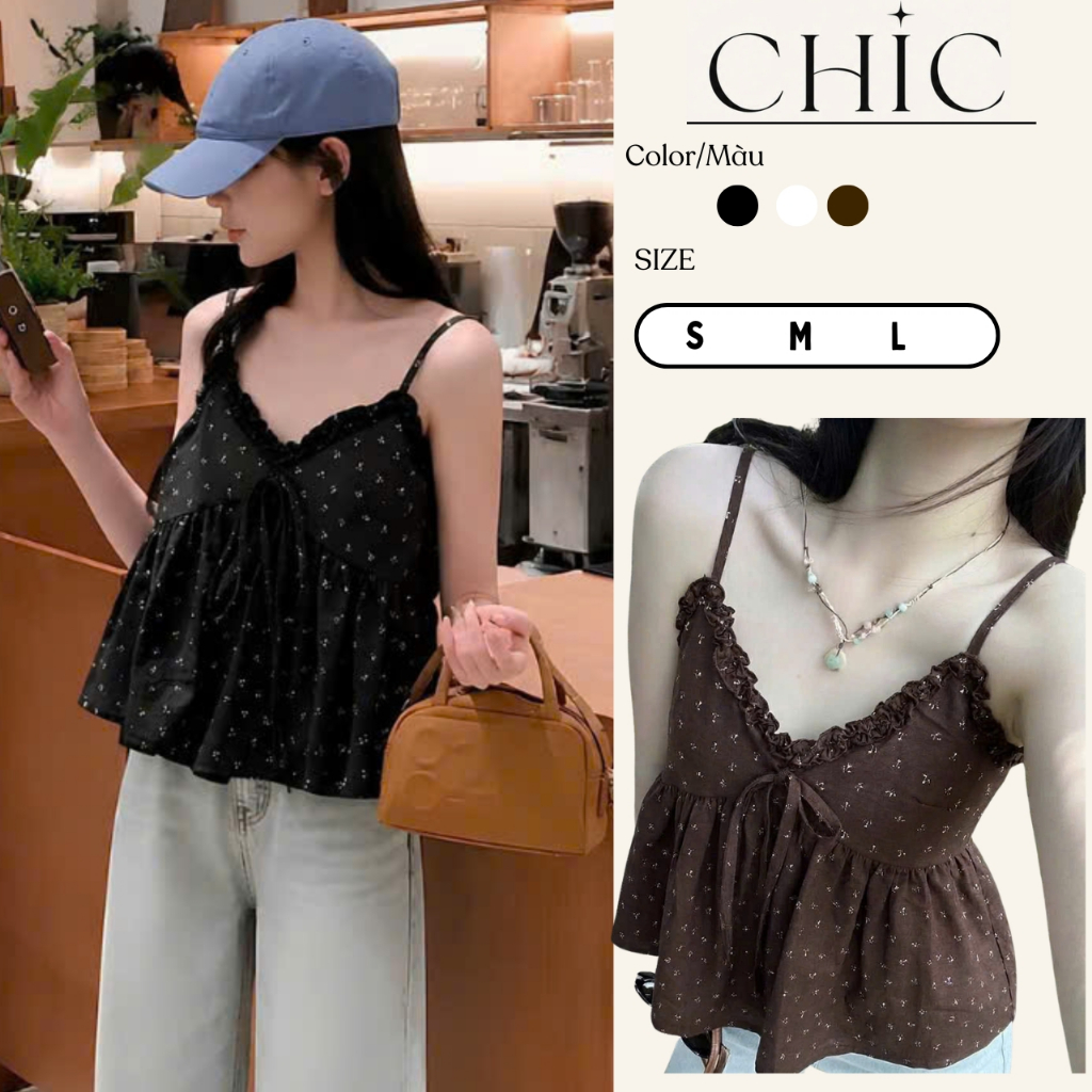 Áo 2 Dây Đũi Vân Mây Dáng Babydoll Xoè, Áo Kiểu Nữ Họa Tiết Hoa Nhí Viền Bèo Nữ Tính Mùa Hè Có Tăng Đơ Điều Chỉnh-Chic