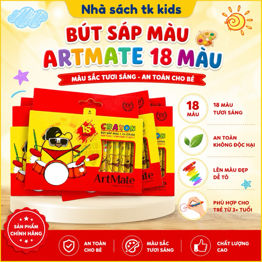 Màu sáp Crayon 18 màu Artmate, màu sắc tươi sáng