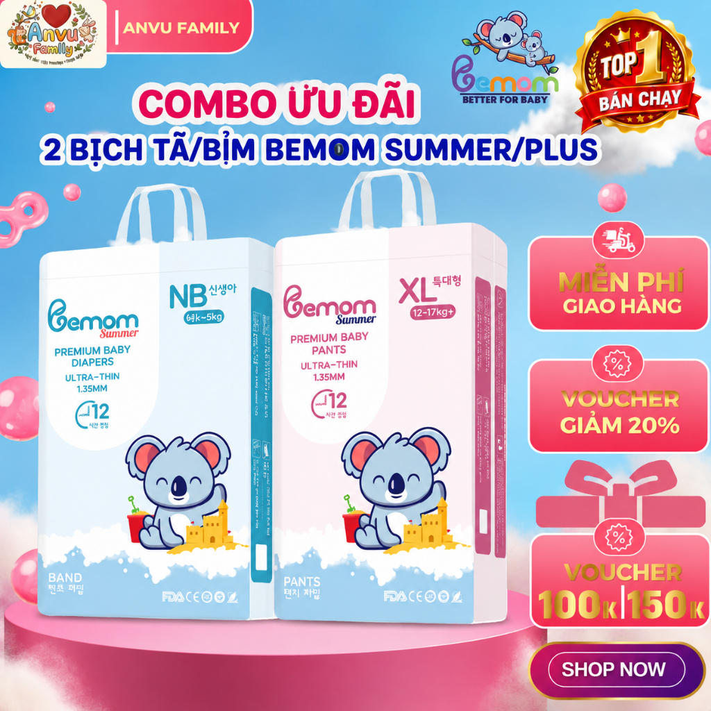 COMBO 2 BỊCH TÃ/BỈM Bemom Summer/Bemom Plus nội địa Hàn dán/quần đủ size Hàng Chính Hãng Đủ Giấy Tờ