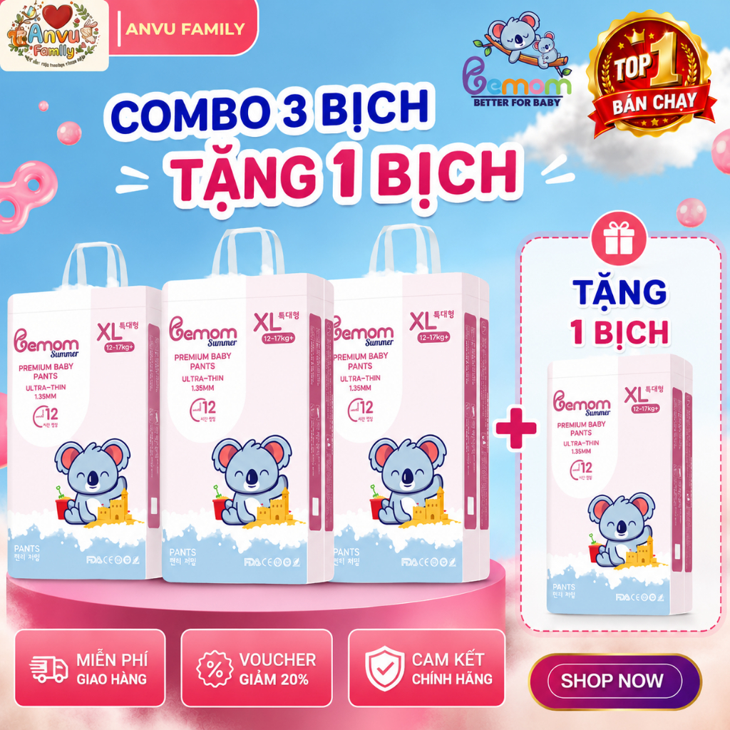 COMBO 3 BỊCH TẶNG 1 TÃ/BỈM Bemom Summer/Bemom Plus nội địa Hàn dán/quần đủ size Hàng Chính Hãng Đủ G