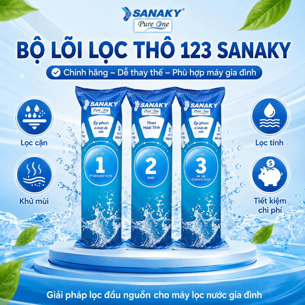 Bộ lõi lọc thô 123 Sanaky cho máy lọc nước RO gia đình lõi PP than hoạt tính dễ thay