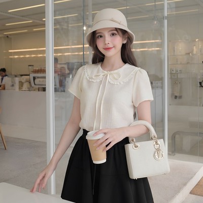 Áo kiểu ngắn tay Twentyfive cổ bèo viền ren kết hợp dây thắt nơ trước ngực tiểu thư, ngọt ngào AH176