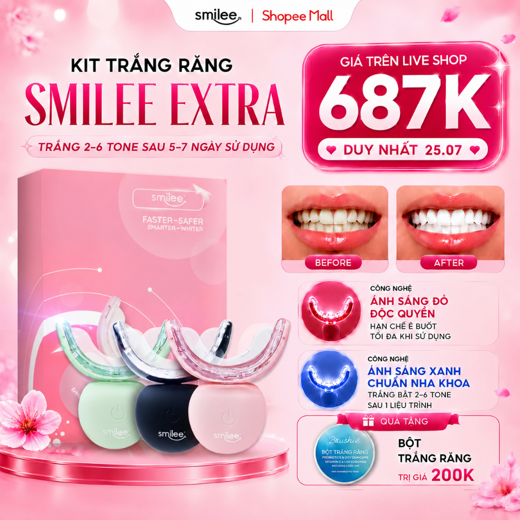 [GIÁ 615K TẠI LIVE SHOP] Trắng răng Smilee Extra, bộ kit làm trắng răng từ 2-6 tone tại nhà, bộ quà 