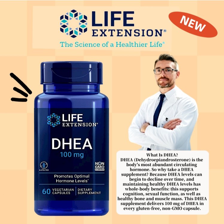 Life Extension DHEA 100mg Dehydroepiandrosterone 60 Vegetarian Capsules Hỗ Trợ Cân Bằng Nội Tiết Nhậ