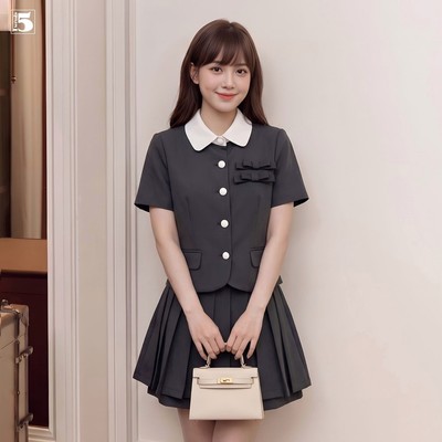 Set bộ nữ Twentyfive gồm áo kiểu ngắn tay phối cổ, đính nơ và chân váy xếp ly trẻ trung SAVH80
