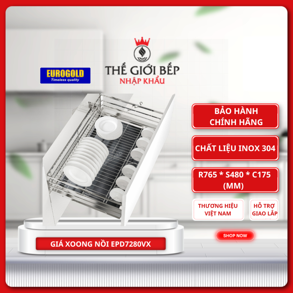 Giá Bát Đĩa Eurogold EP80/EPD7280 – Kệ Úp Bát Inox 304 Lắp Âm Tủ