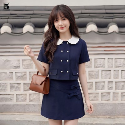 Set bộ Twentyfive gồm áo cổ sen phối cúc và chân váy họa tiết nơ thanh lịch SAVH89