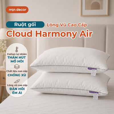 Ruột Gối Lông Vũ Cloud Harmony Air Êm Ái Mịn Decor, Gối Nằm Khách Sạn Vỏ Bọc Cotton Tự Nhiên, Size 45x65cm