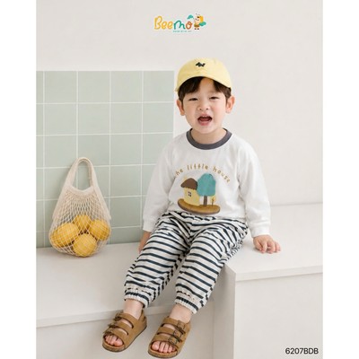 Set bộ dài tay Beemo in hình phối quần kẻ vải thun co giãn cho bé đi học, đi chơi từ 9-24kg 6207BDB