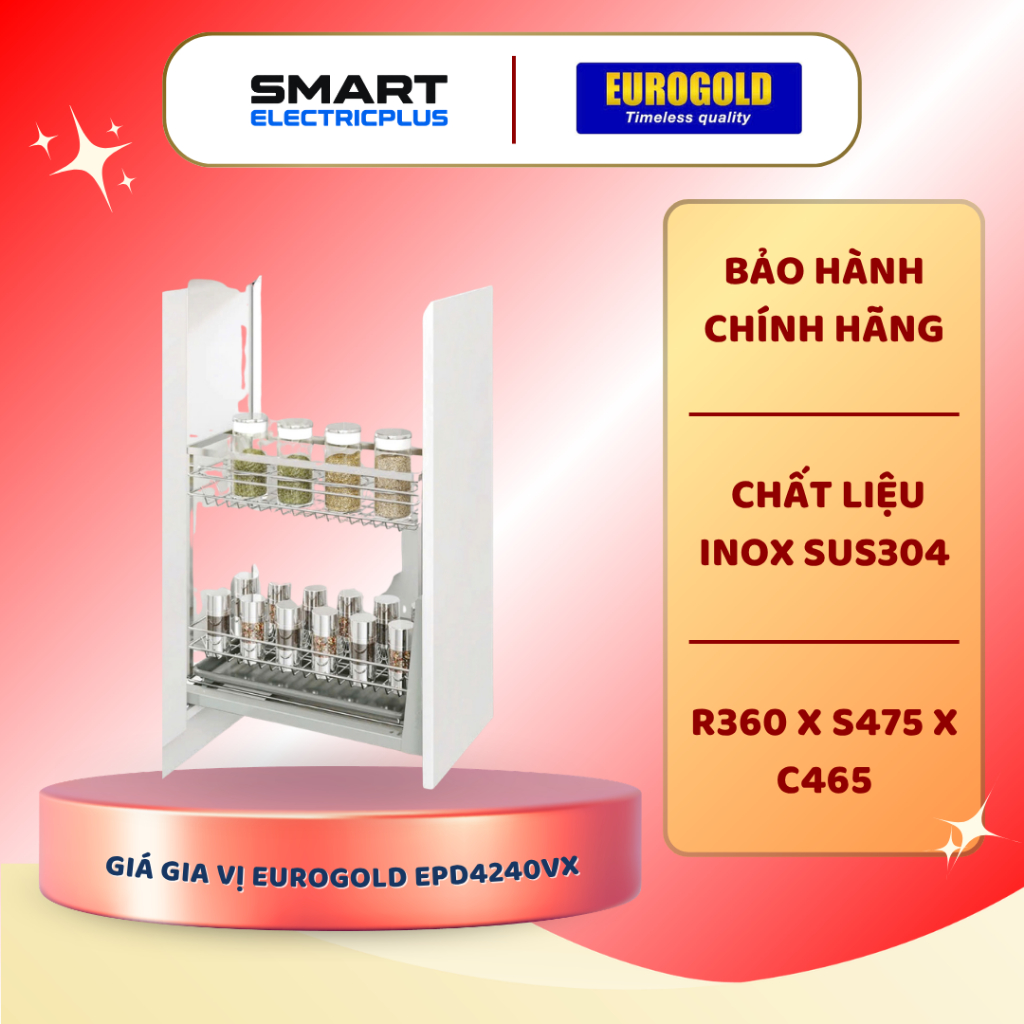 Kệ Gia Vị Eurogold EP40B/EPD4240/EPD4240VX Inox SUS304, Ray Giảm Chấn, Bề Mặt Xước Mờ
