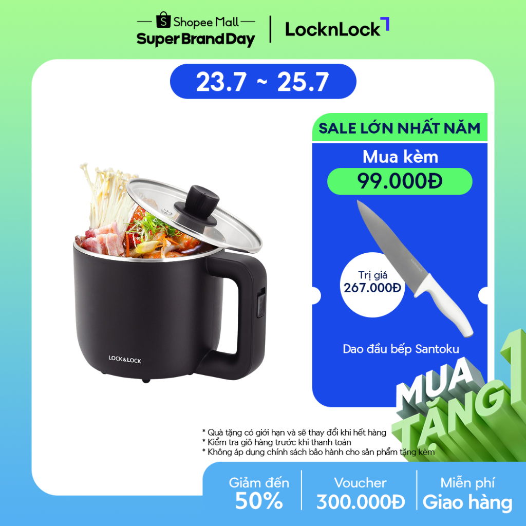 Nồi điện đa năng Lock&Lock 0.8L, 220V, 50Hz, 600W - màu đen - EJP116BLK