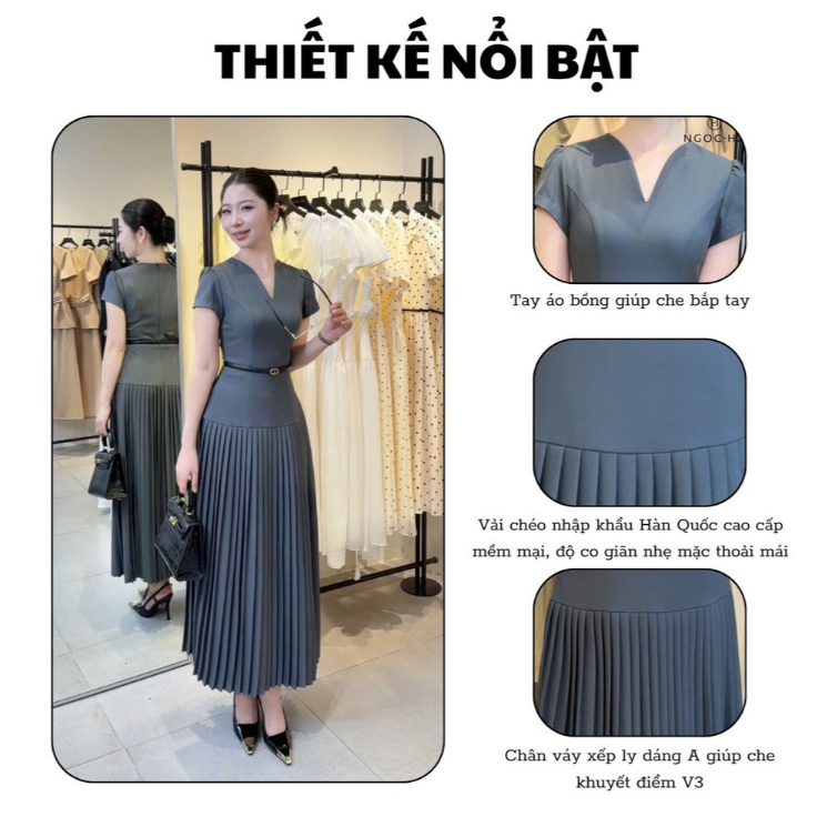 Đầm Xòe Nữ NGOC HA DESIGN Adeline Dress Váy Vải Chéo Hàn Quốc Xếp Ly Sang Chảnh Công Sở D1058