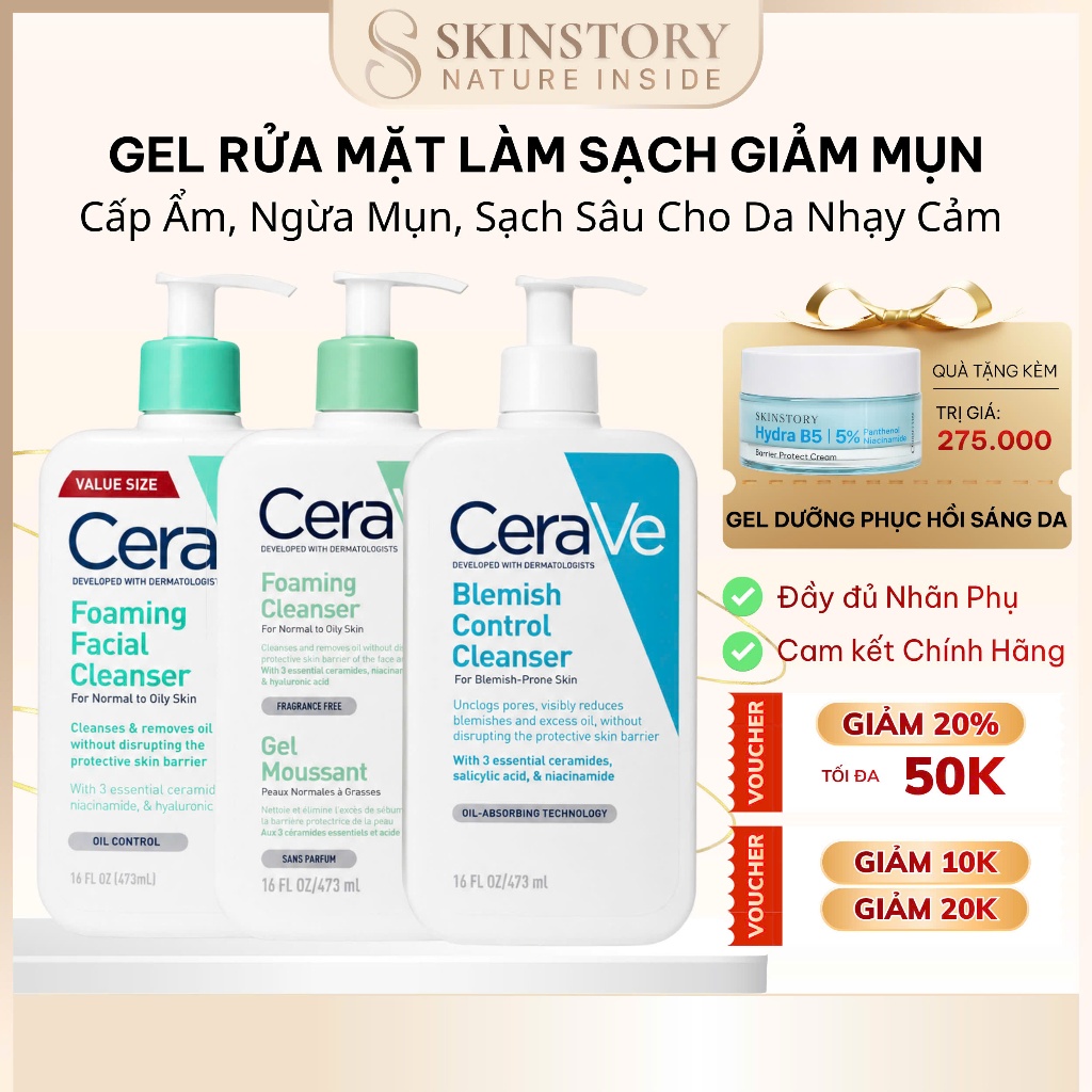 Sữa rửa mặt CeraVe Foaming Facial Cleanser 473ml, hỗ trợ làm sạch sâu, giảm mụn, dưỡng ẩm dịu nhẹ x 