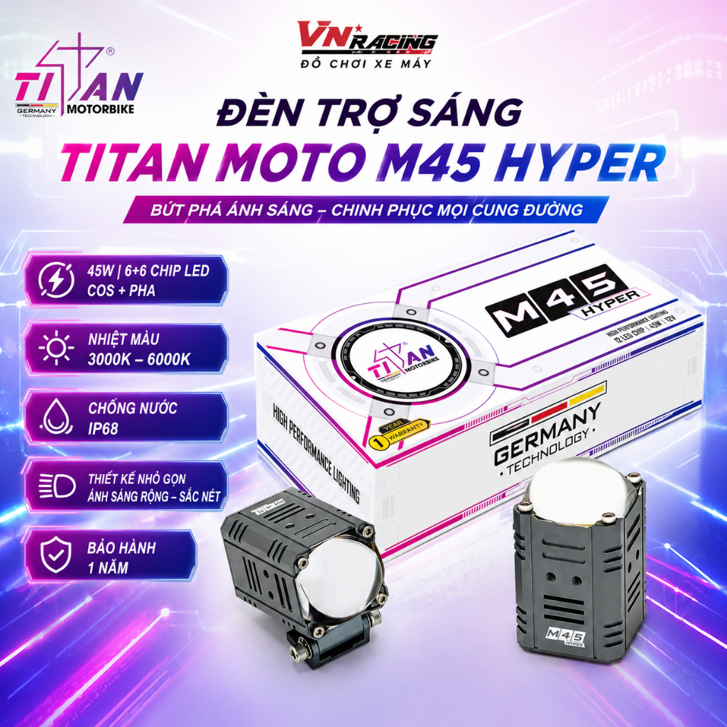Đèn Trợ Sáng Bi Cầu Mini Titan M45 Hyper 45W Siêu Sáng 3 Chế Độ Ánh Sáng Gắn Xe Máy Ô Tô BH 1 Năm